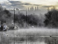 Dawn New Years Day Allington Lock  One of two photos that fall just outside the area covered by the rest of the exhibition, but I could not bear to leave either of them out. For this shot, just before sunrise, I was waiting to photograph the start of the New Year’s Day Maidstone Parkrun. Frost was forming and there was not a breath of wind. The ducks obligingly broke up the foreground a little.	£180